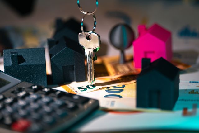 une calculatrice avec des clés et une maison